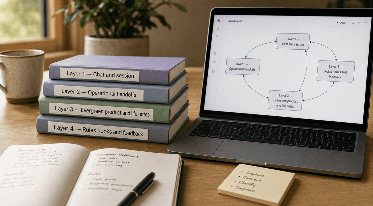 Desk with layered notebooks and a laptop showing a linked note graph for session continuity.