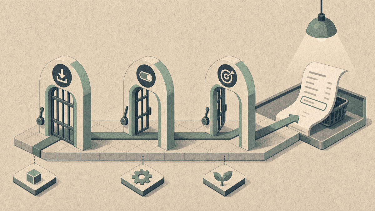 Editorial diagram of three gates leading to a checkout receipt with a referral field, warm paper texture, no logos or readable text.