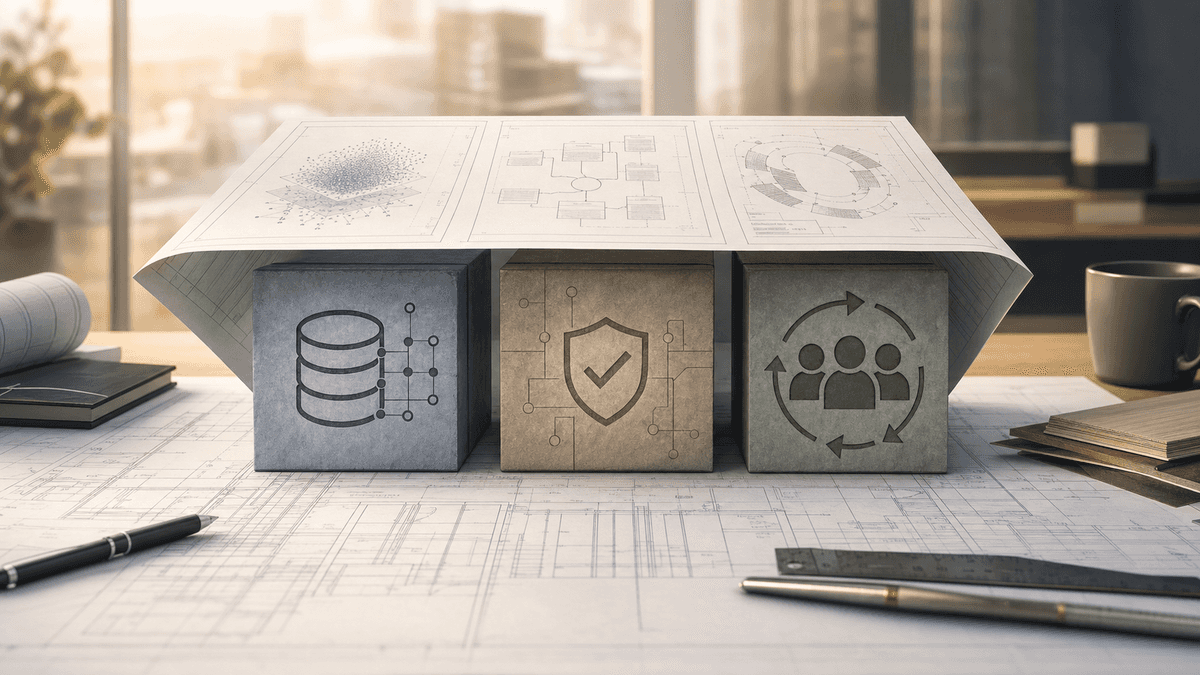 Editorial 16:9 hero for enterprise AI readiness: architectural blueprint