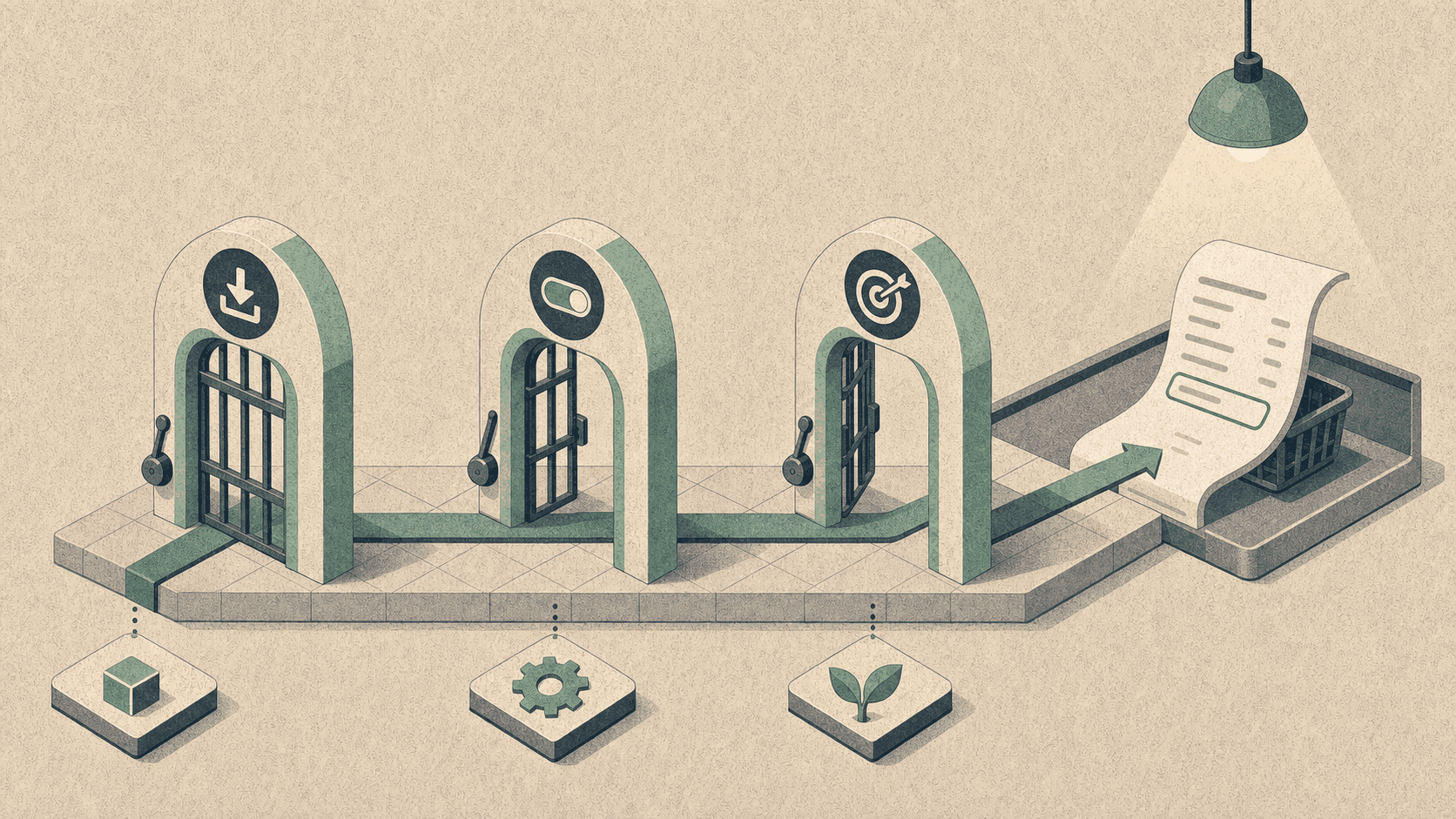 Editorial diagram of three gates leading to a checkout receipt with a referral field, warm paper texture, no logos or readable text.