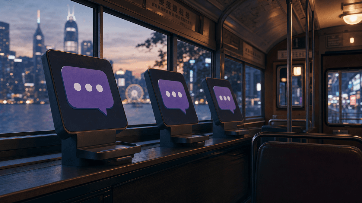 Cinematic 16:9 of three generic chat kiosk screens inside a Hong Kong tram at dusk, disconnected speech bubbles, no logos.