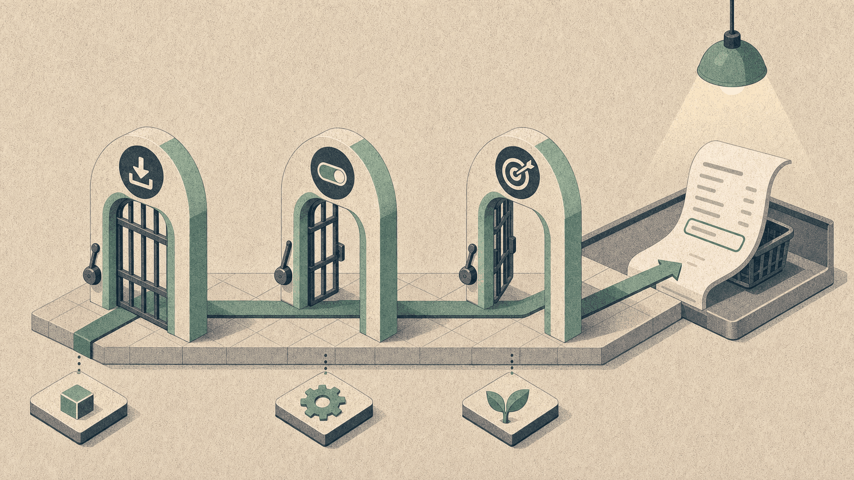 Editorial diagram of three gates leading to a checkout receipt with a referral field, warm paper texture, no logos or readable text.