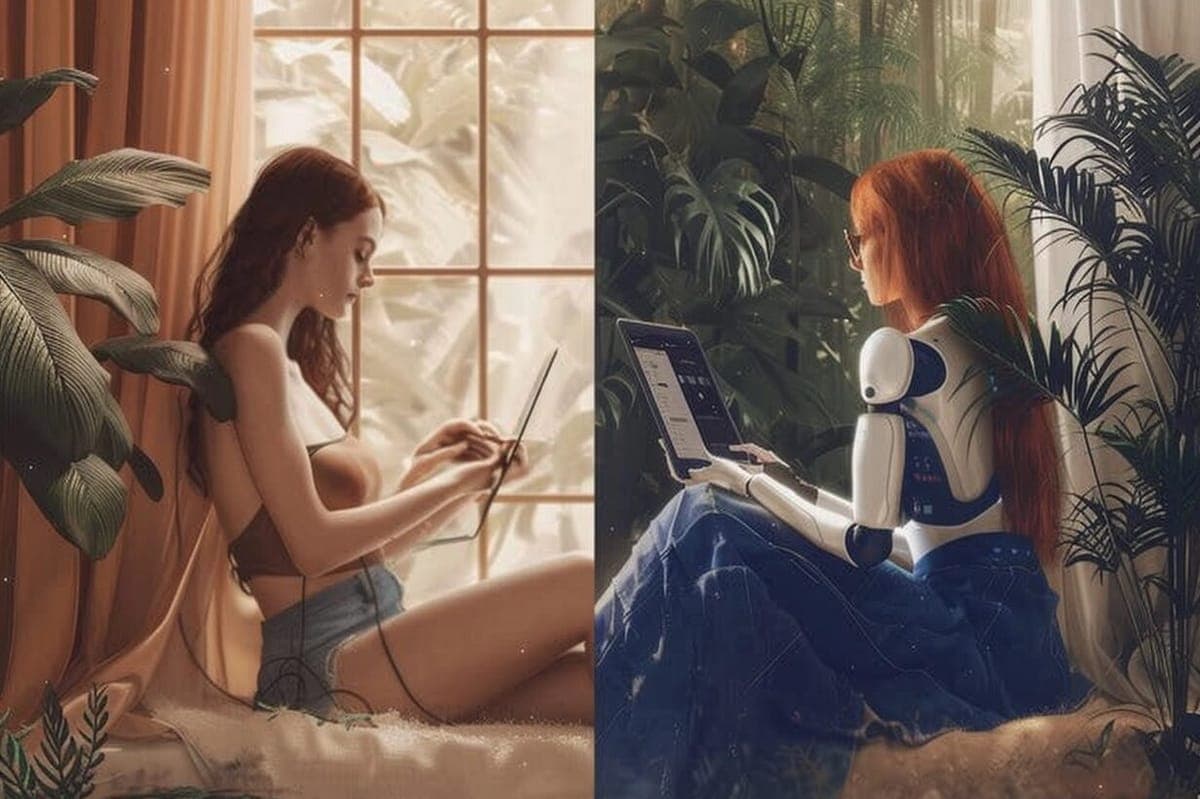 A designer working alongside an AI creative tool, with both human and AI outputs side by side