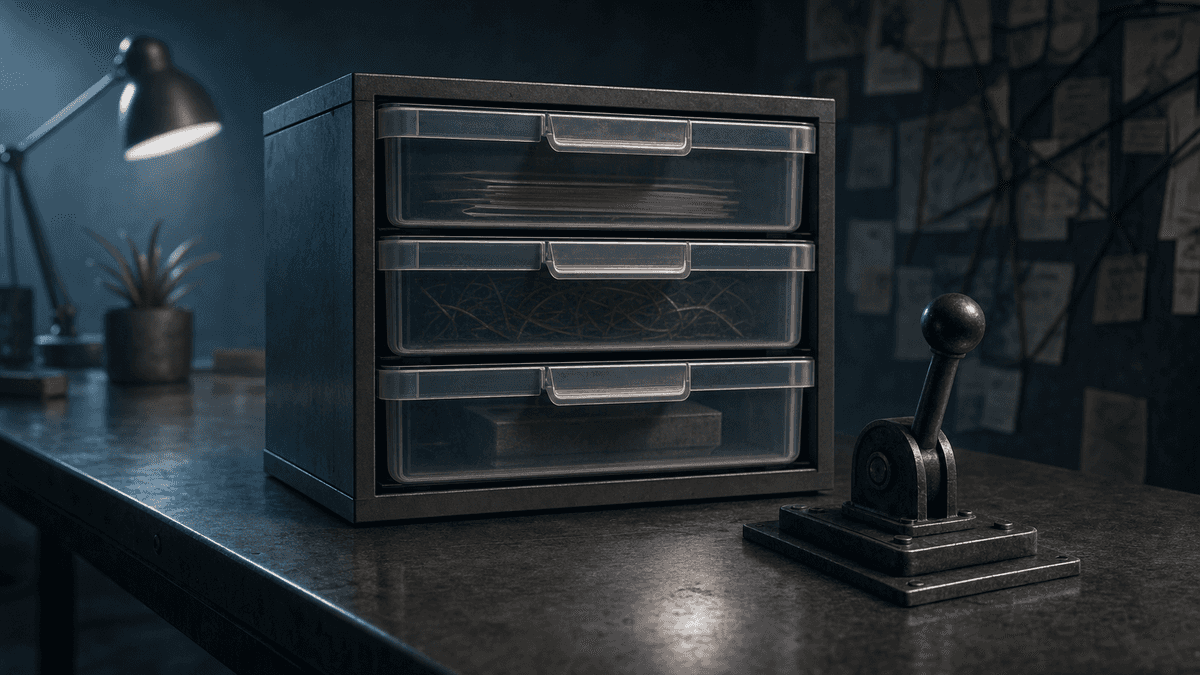 Cinematic 16:9: three translucent drawers labeled Repo, Brain-Pack,