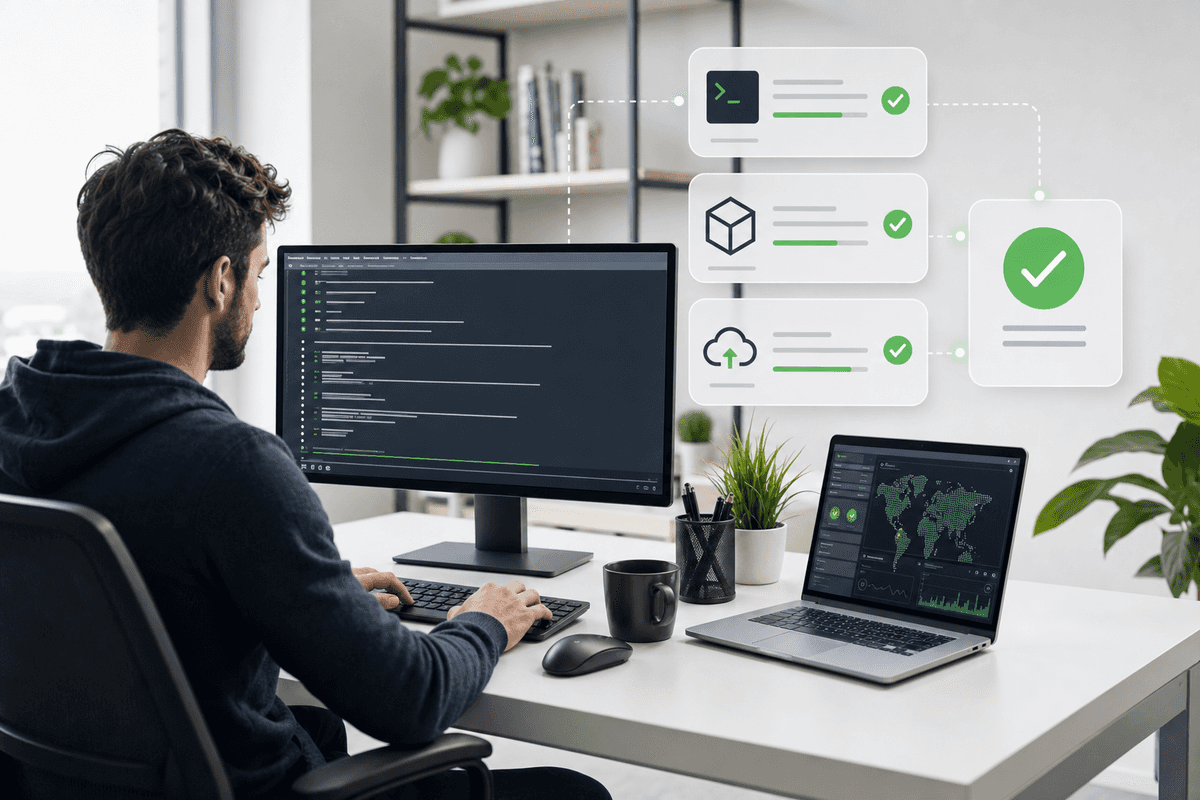A clean developer desktop with terminal commands and checklist steps