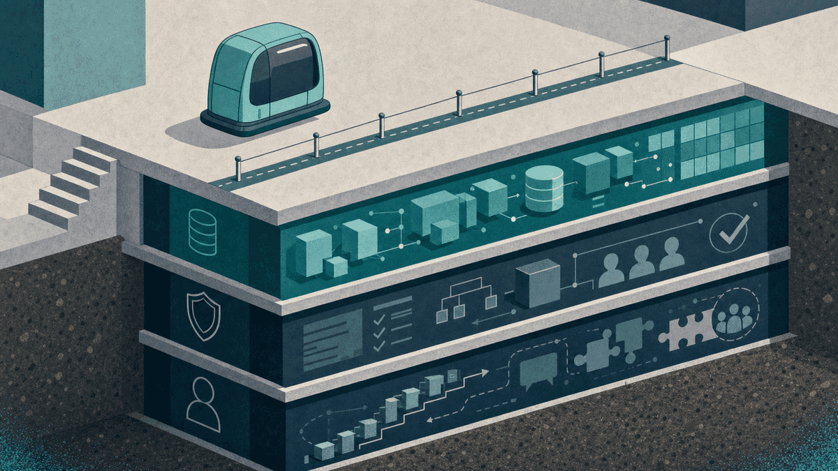 Isometric cutaway of three enterprise AI foundation layers—data, governance, and change—with a deploy capsule waiting above a hold line