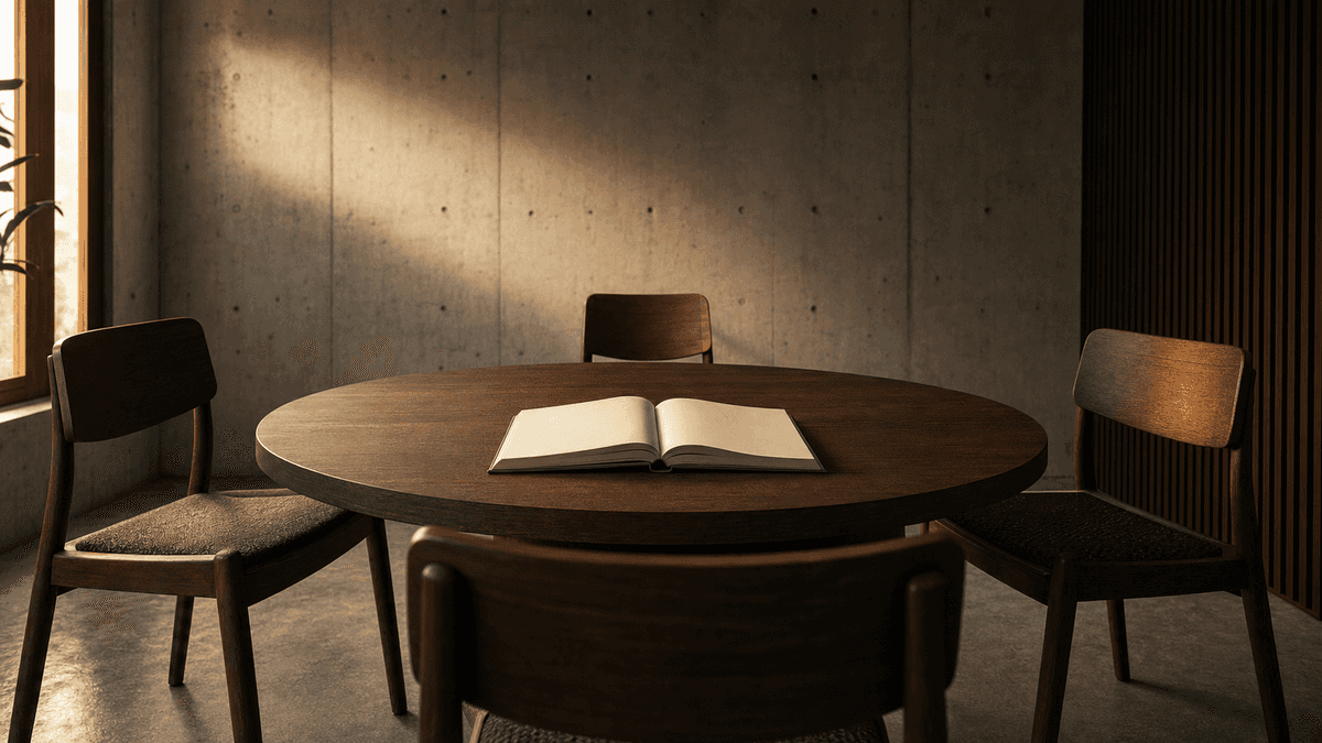 Cinematic 16:9 low-angle of a single chair at a round table, three empty