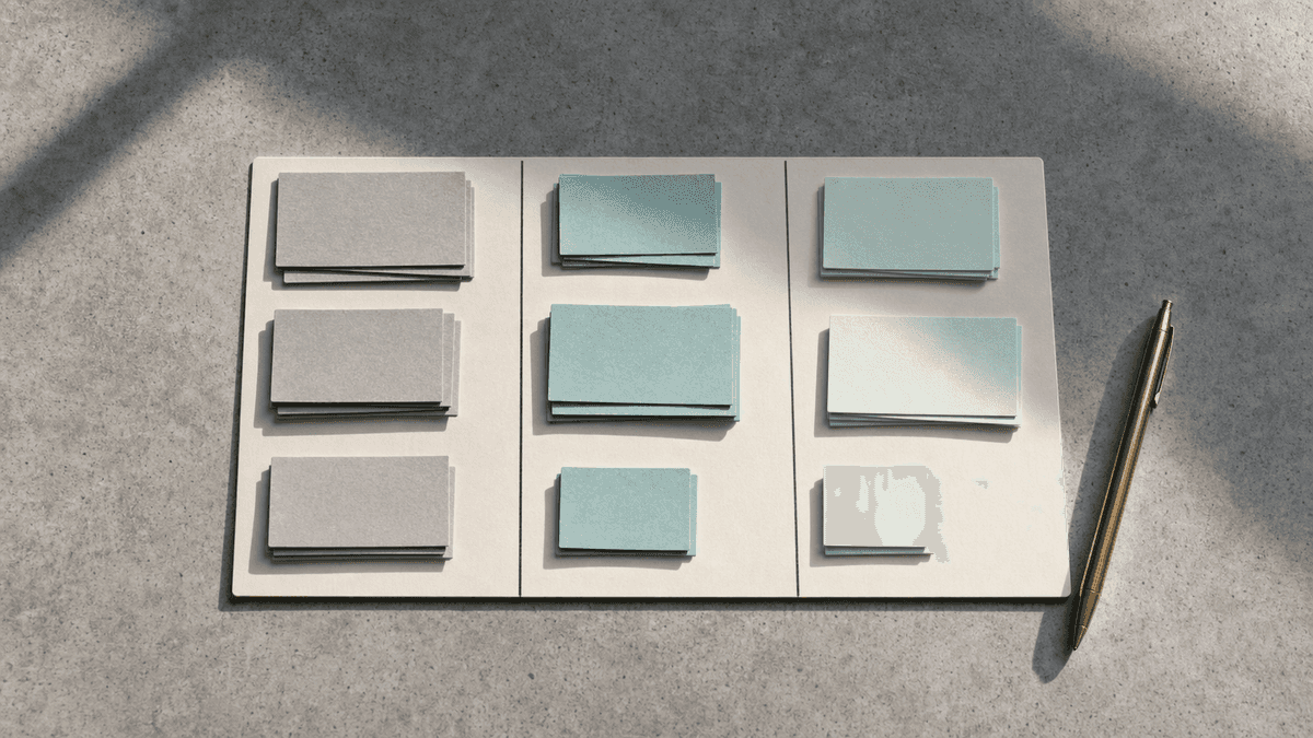 Cinematic 16:9 overhead of a kanban board made of paper cards on a concrete