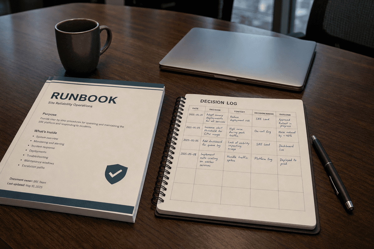 Editorial photograph of a printed runbook and decision log on a conference