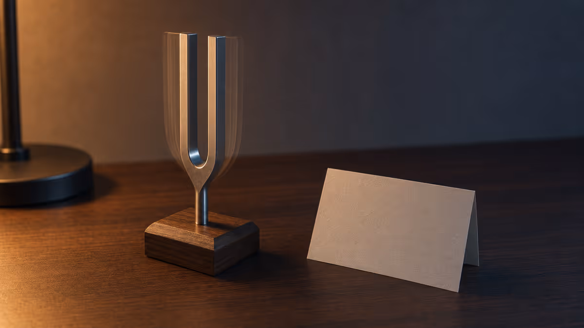 Cinematic 16:9 of a tuning fork vibrating beside a typed card on a walnut desk.