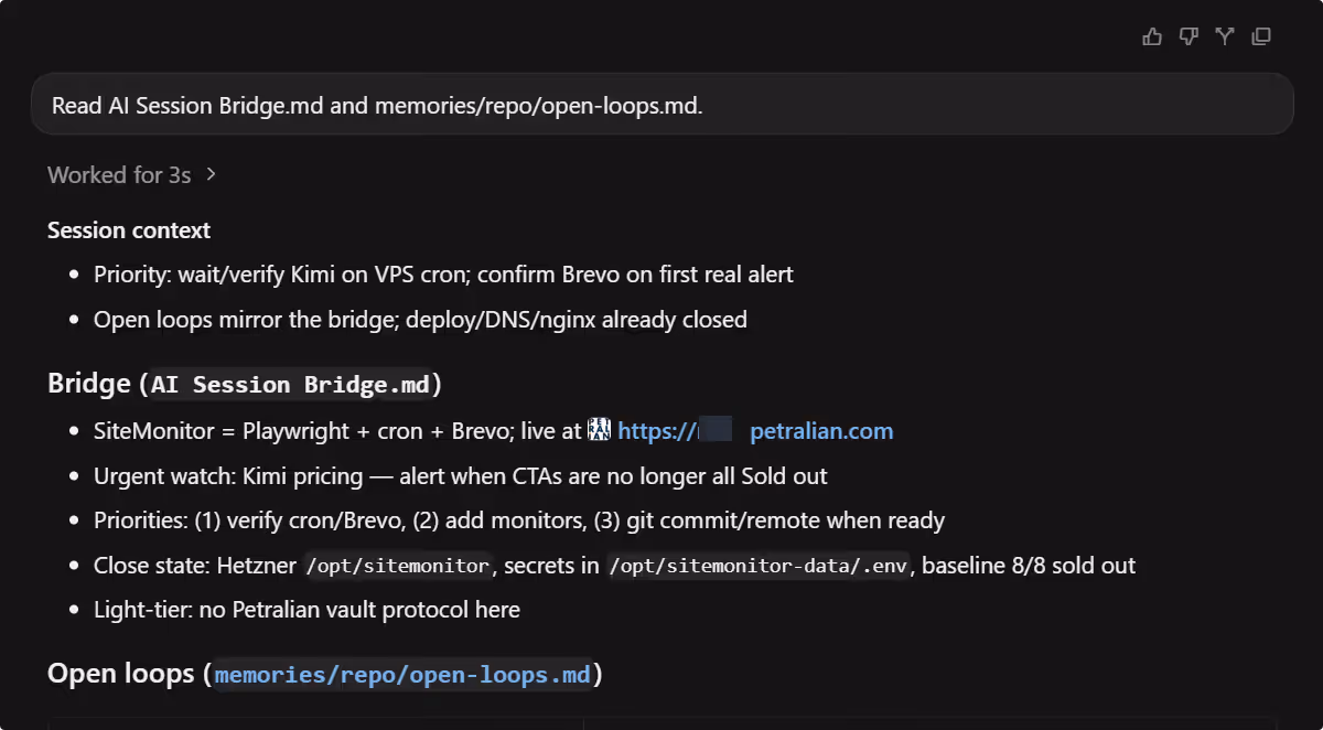 Obsidian AI Session Bridge note template with goal and next action.