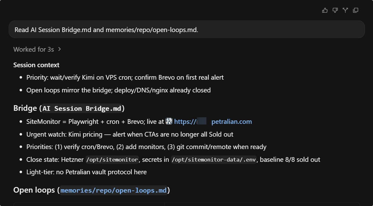 Obsidian AI Session Bridge note template with goal and next action.