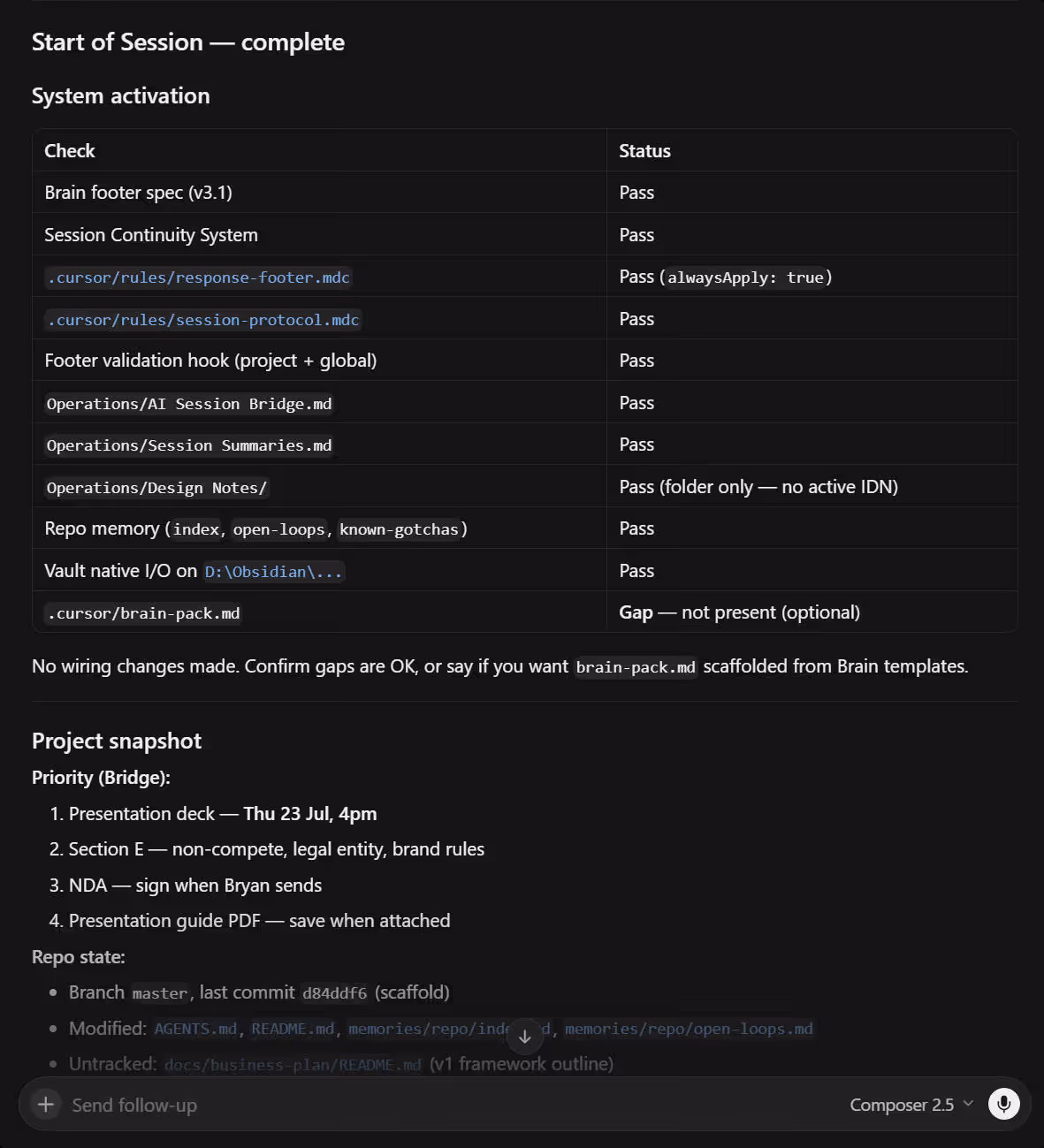 Cursor start-session skill prompt in the agent panel.