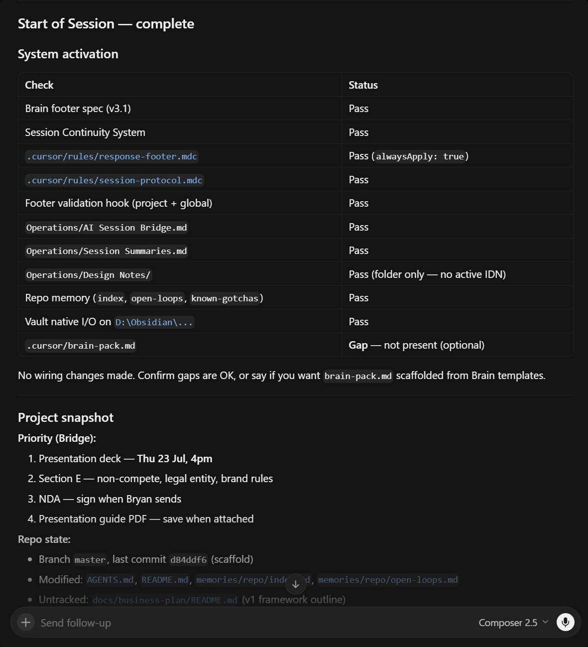 Cursor start-session skill prompt in the agent panel.