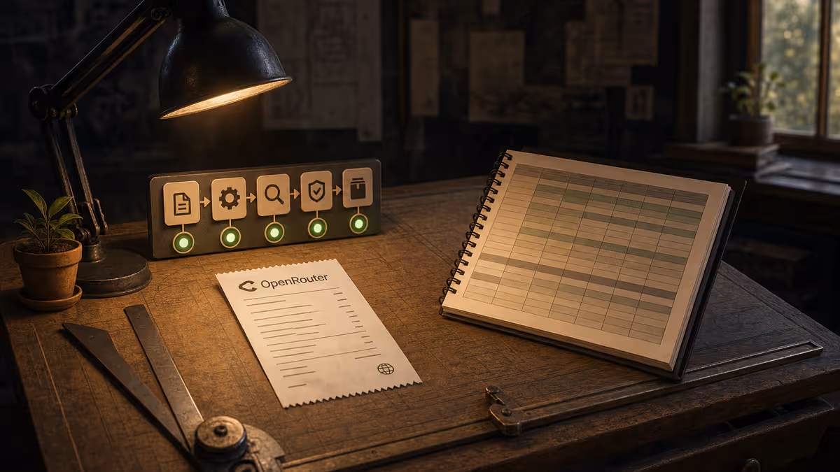 Cinematic 16:9: spreadsheet notebook beside a CI pipeline light and
