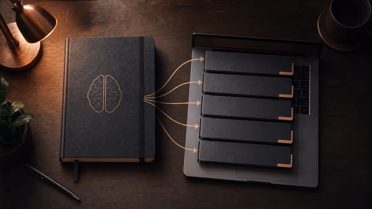 Desk with one labeled Obsidian notebook feeding multiple project folders on a laptop screen, warm editorial lighting, no logos or readable text.