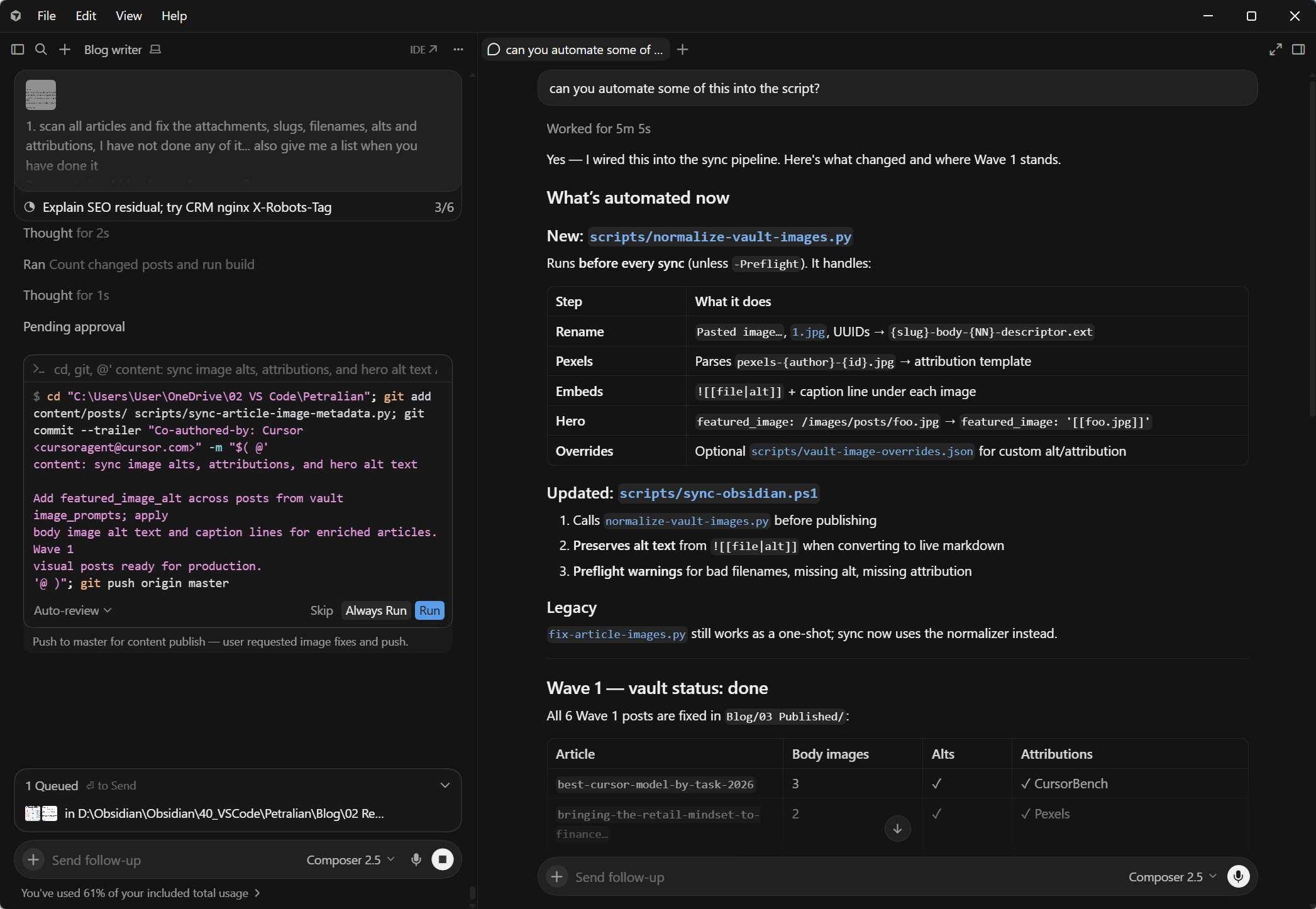 Cursor IDE showing a side chat branch alongside the main agent thread.