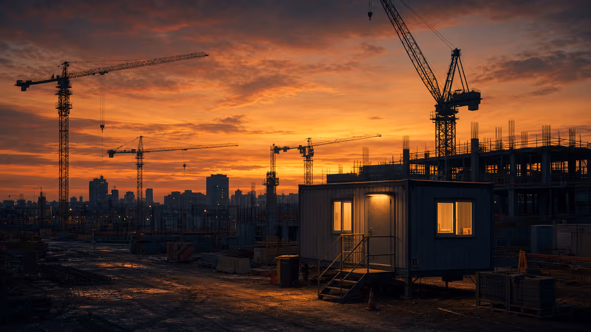 Cinematic 16:9 wide shot of a construction site at dusk with an illuminated site office trailer.