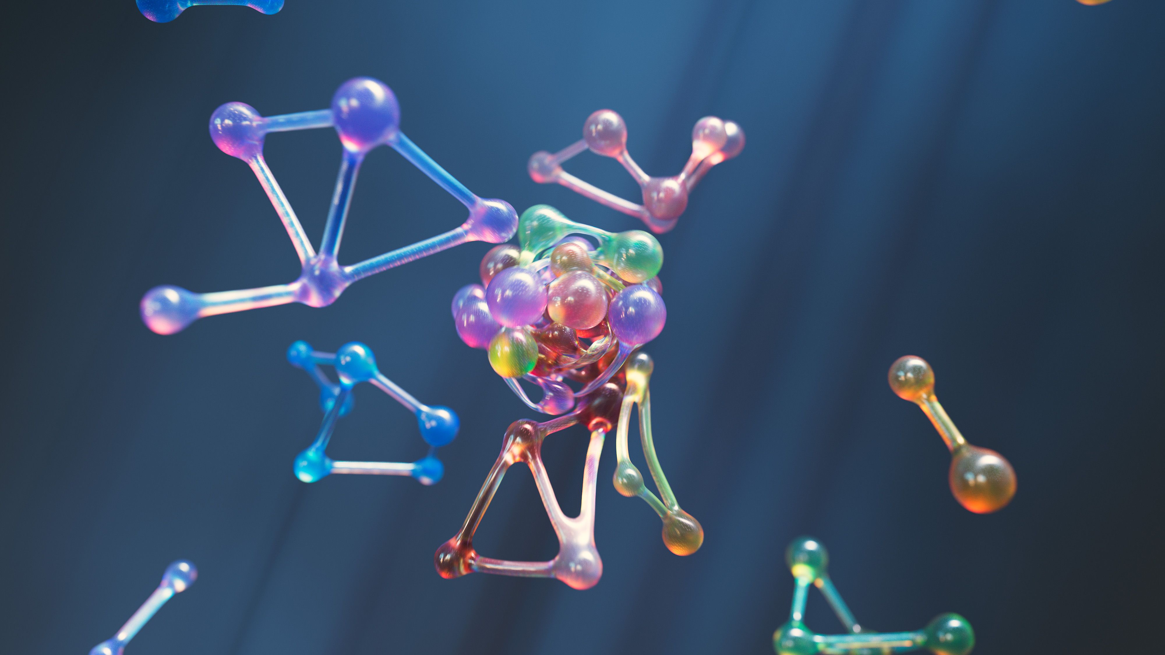 Abstract molecular structure suggesting linked knowledge nodes.