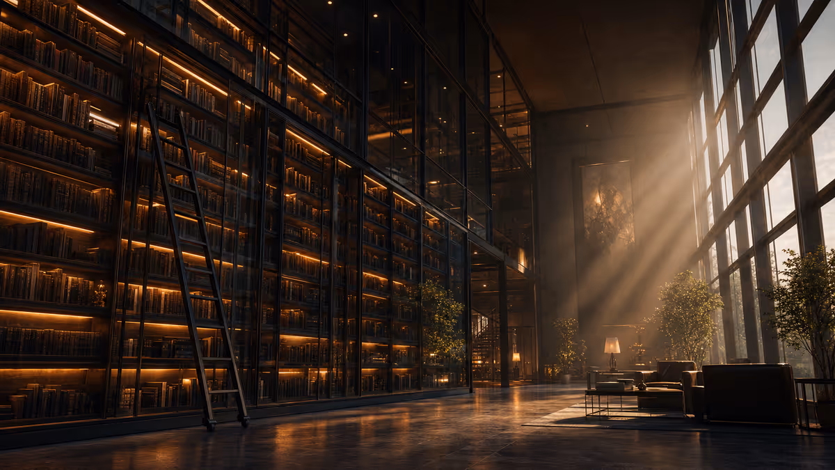 Cinematic 16:9 low-angle of a glass library with amber-lit shelves and light beams through dust.