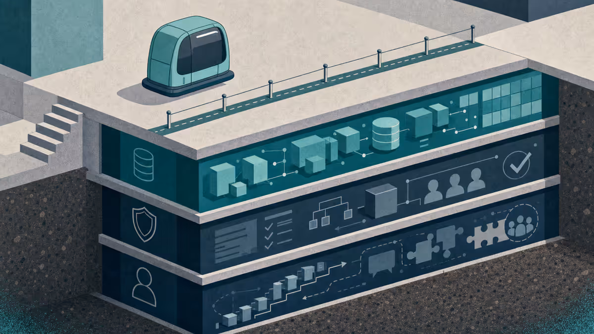 Isometric cutaway of three enterprise AI foundation layers—data, governance, and change—with a deploy capsule waiting above a hold line