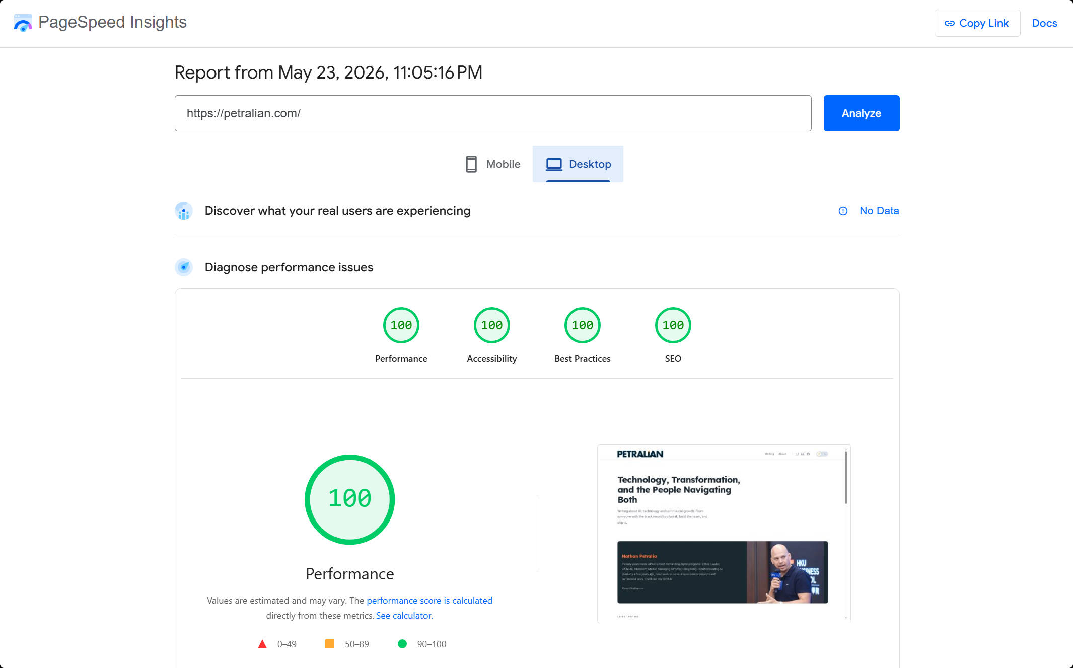 Lighthouse desktop performance audit after optimization.