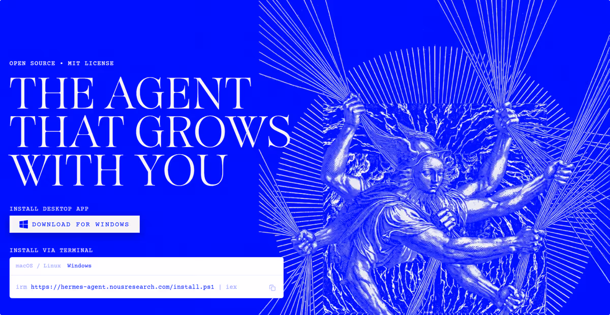 Hermes agent product homepage with messaging and deployment overview.