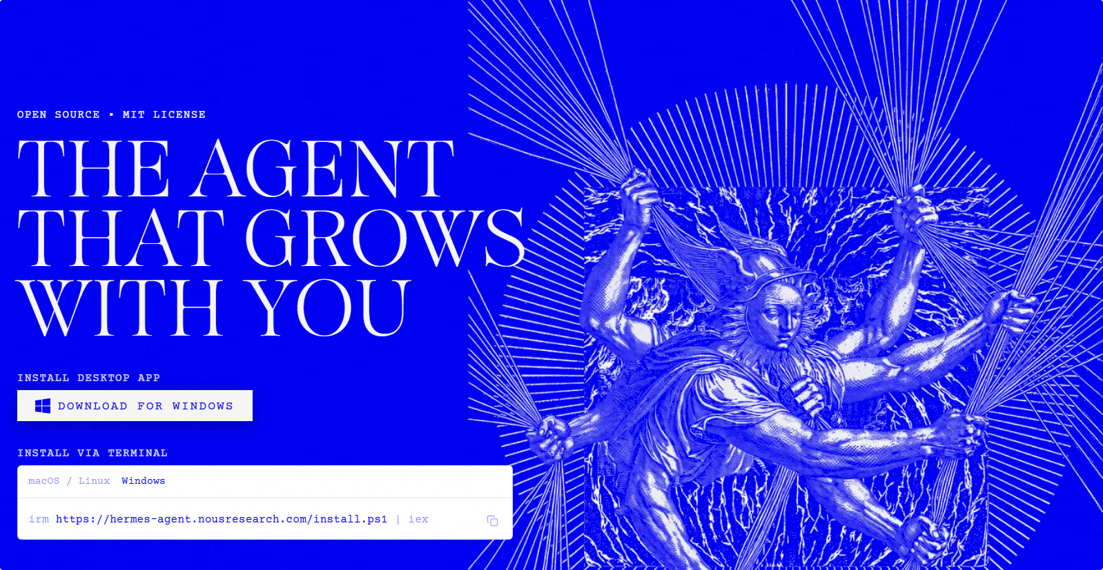 Hermes agent product homepage with messaging and deployment overview.