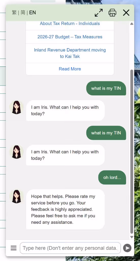 Hong Kong IRD chatbot Iris fails to answer a TIN tax ID question and asks for a satisfaction rating after no help.