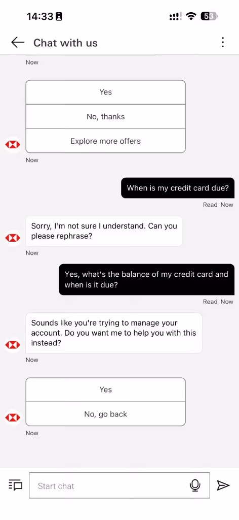 HSBC Hong Kong mobile chatbot cannot understand credit card due date question and offers account management menu instead.