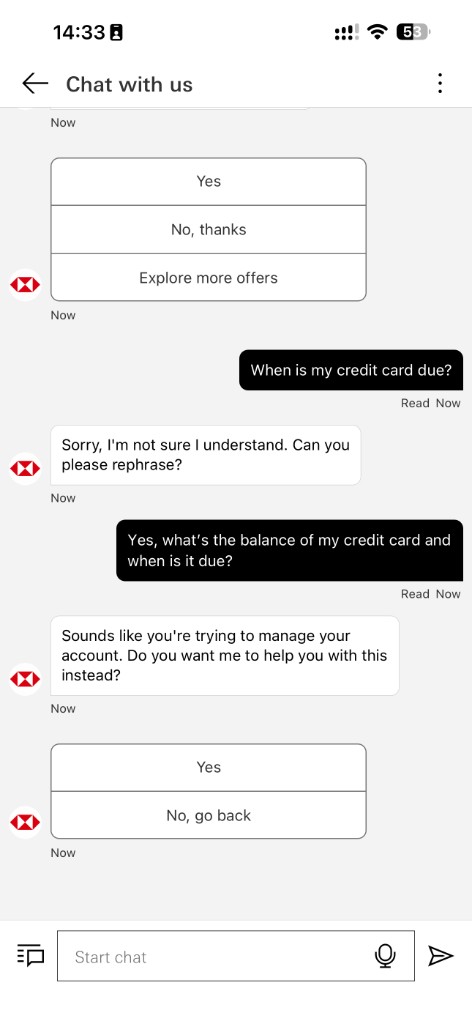 HSBC Hong Kong mobile chatbot cannot understand credit card due date question and offers account management menu instead.