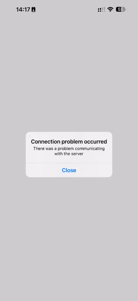 Hong Kong banking or government mobile app shows generic server connection error blocking customer access.