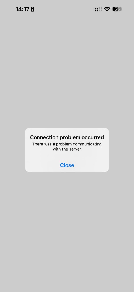 Hong Kong banking or government mobile app shows generic server connection error blocking customer access.