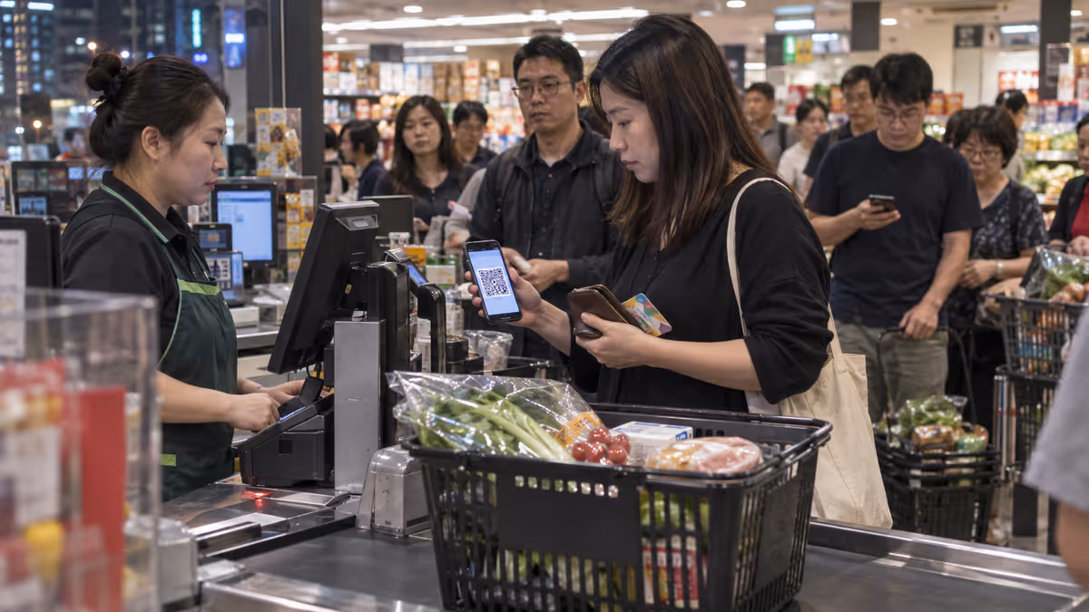 Shopper at a Hong Kong checkout holding up a phone QR code while a queue waits behind them.