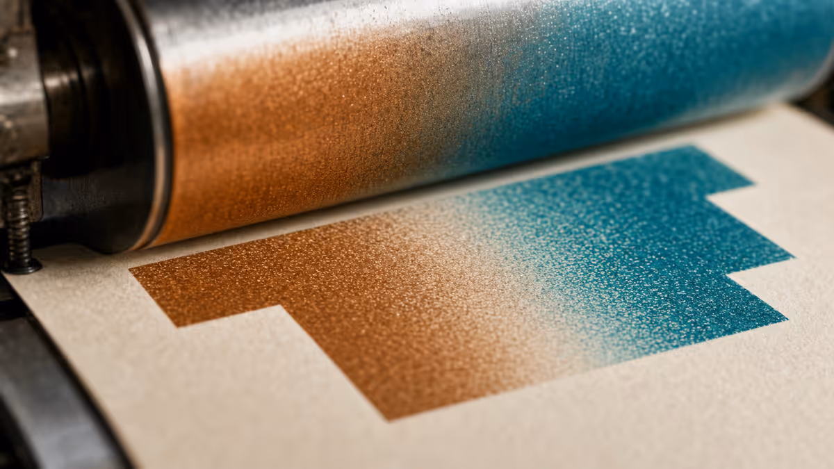 Cinematic 16:9 macro of a printing press roller lifting, ink gradient