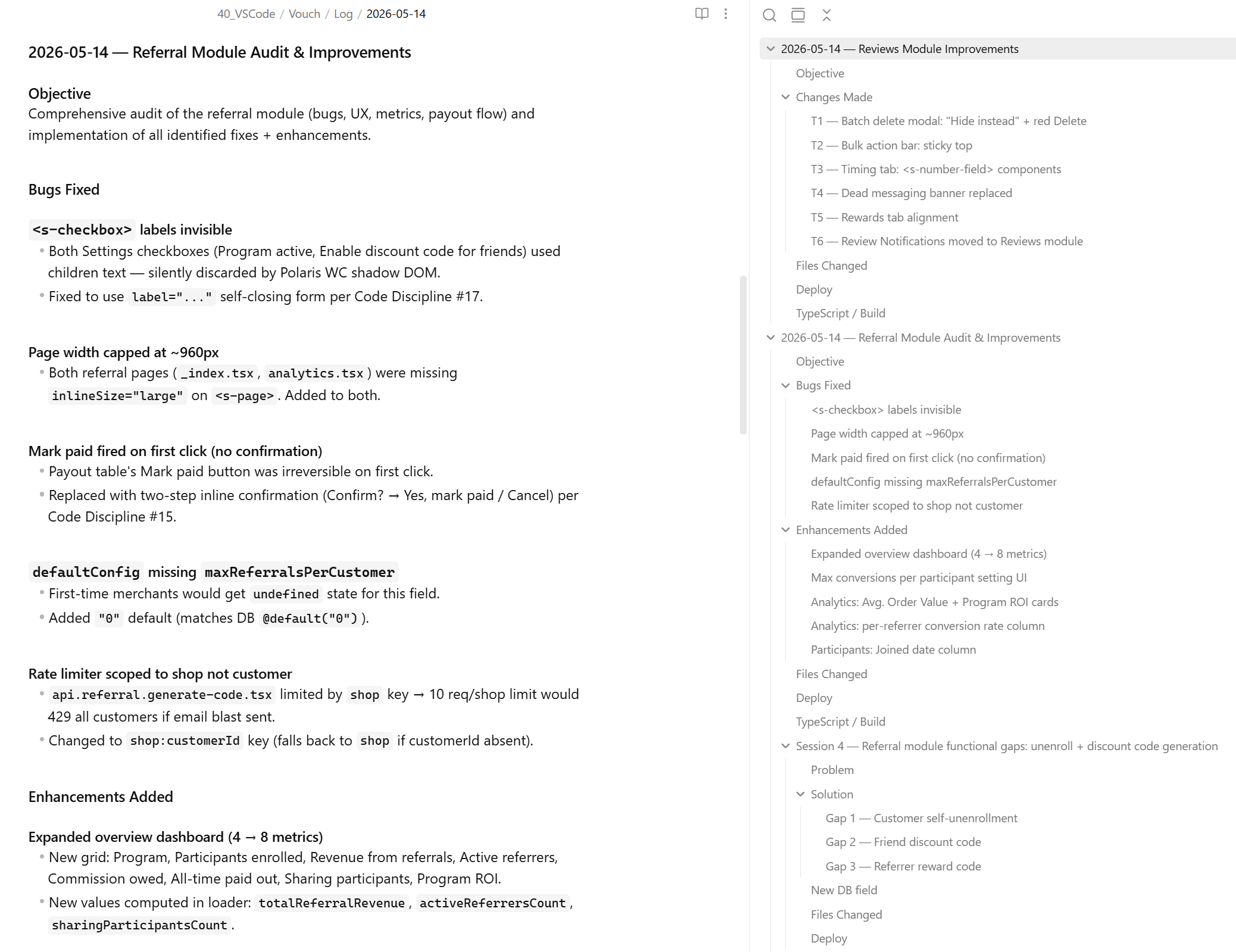 Vouch Obsidian vault graph linking session notes to git commits.