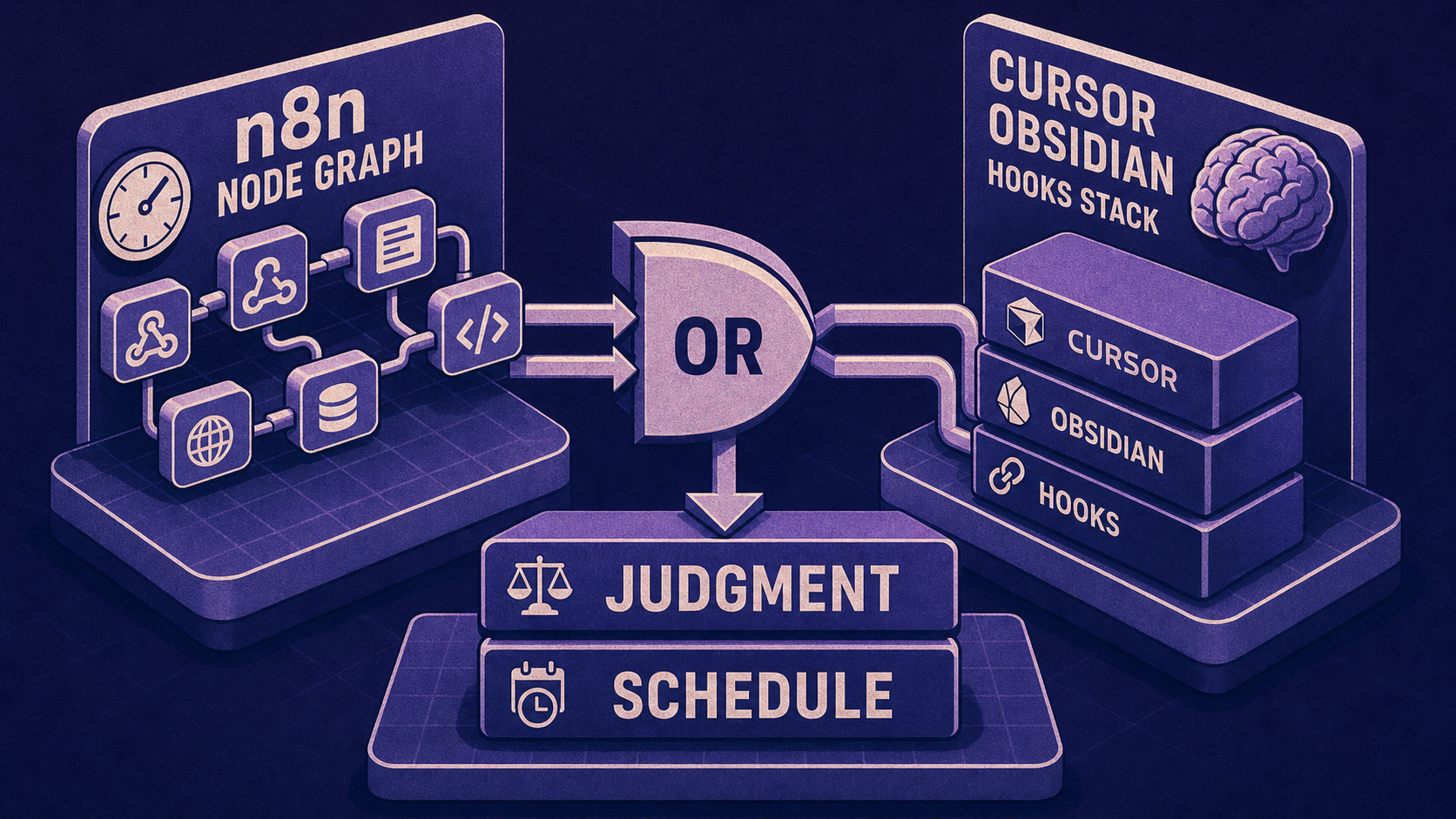 Industrial conveyor belts move scheduled packets while a lit desk handles one open folder for judgment work.