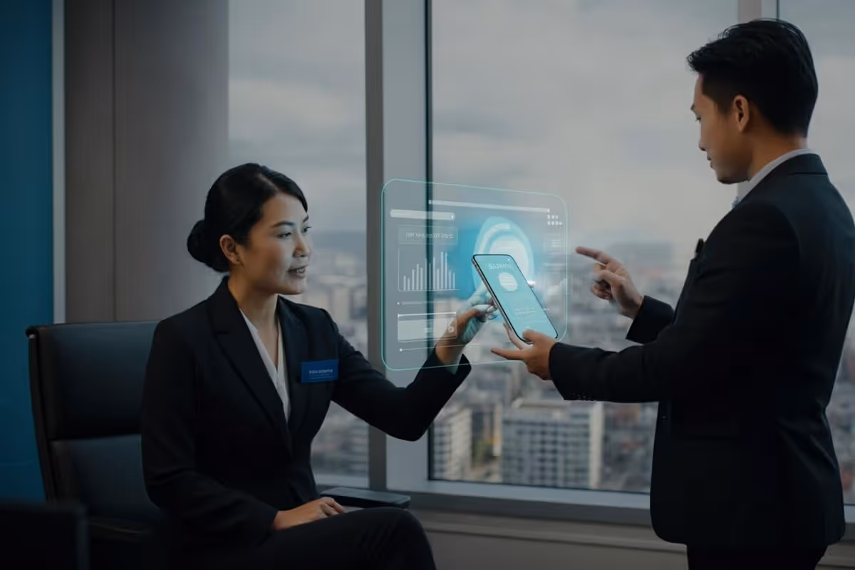Smartphone banking app on a desk with APAC city skyline bokeh, warm editorial light.