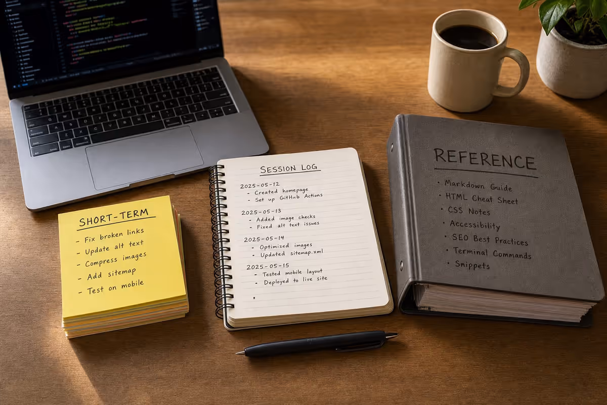 Editorial overhead photograph of a developer desk with three labeled