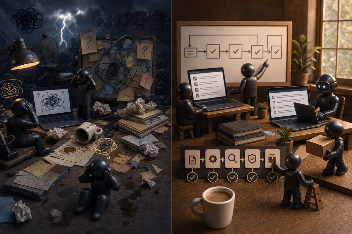 Cinematic 16:9 wide shot of a conductor podium facing an orchestra pit