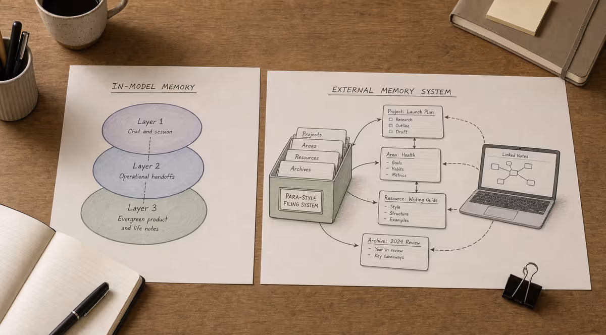 Editorial desk with two diagrams side by side on paper—one a simple