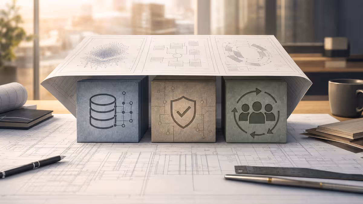 Editorial 16:9 hero for enterprise AI readiness: architectural blueprint
