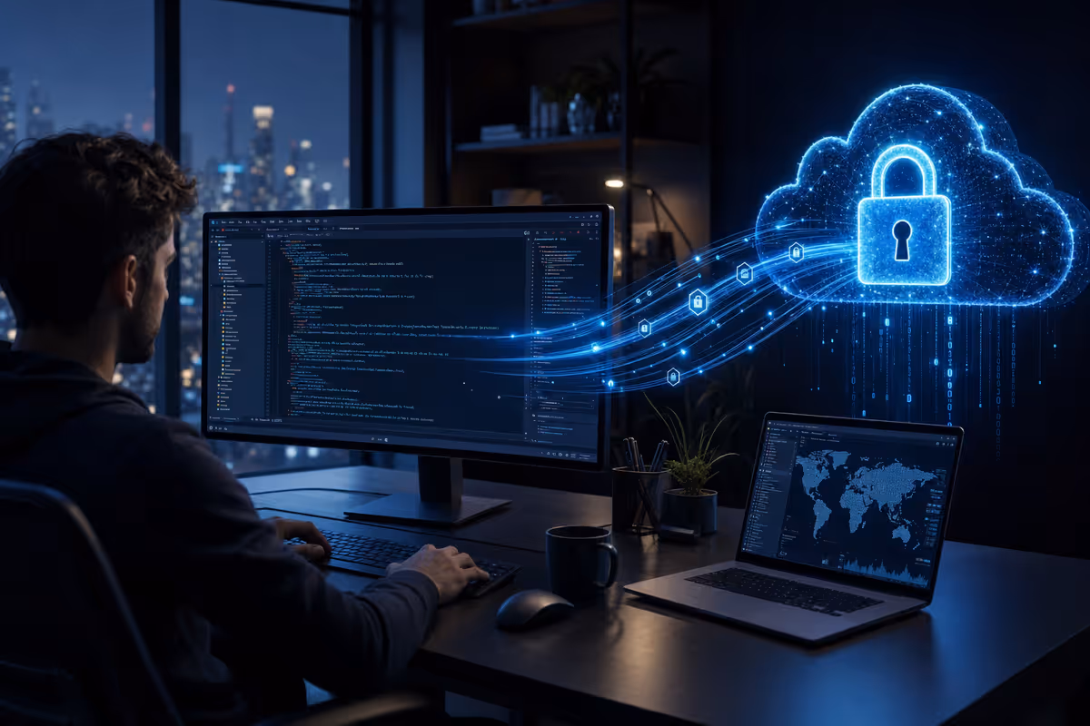A cinematic workstation scene with encrypted data streams flowing from