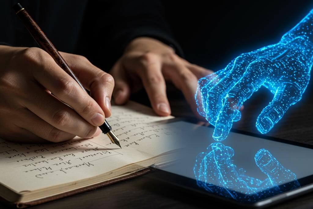human and AI working together A juxtaposition of a human hand drawing or writing (symbolizing creativity) and a digital hand or robotic element (symbolizing AI) working together.