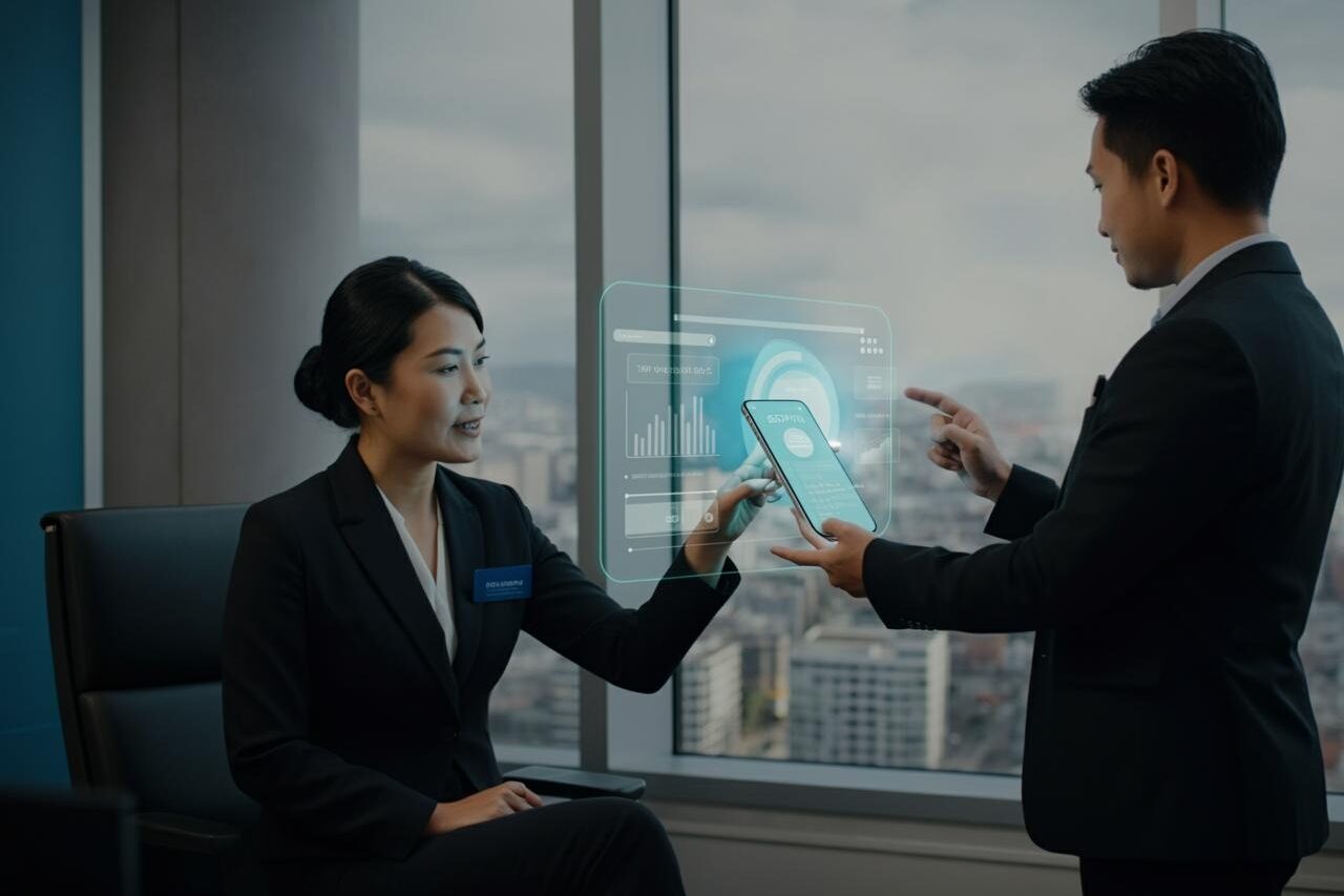 Financial advisor engaging with a customer via a personalized digital banking app in APAC.