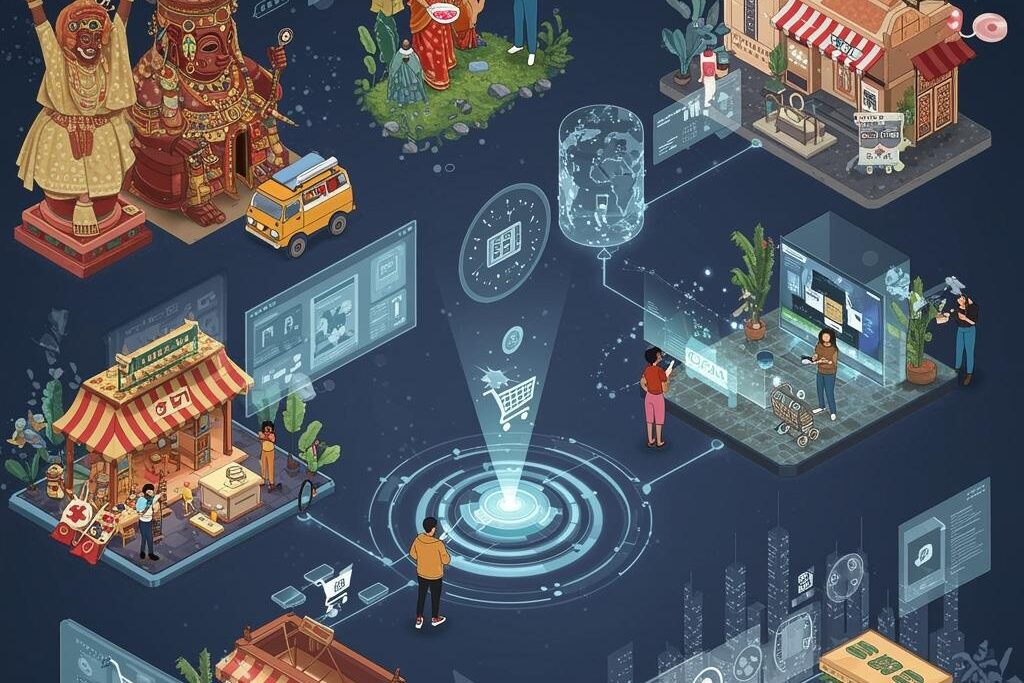 Digital representation of global e-commerce trends in 2025, featuring AI, mobile commerce, live shopping, and AR experiences.