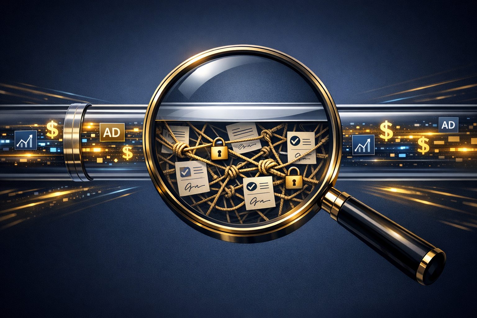 Abstract editorial illustration of a magnifying glass over a complex programmatic advertising supply chain, representing the 2026 programmatic transparency debate